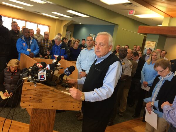 Sevier County Mayor Larry Waters addresses reporters on the fires in Gatlinburg. Photo: Craig Schneider/cschneider@ajc.com