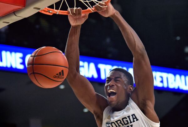 Georgia Tech's forward Moses Wright (5) reacts as he dunks the ball. (Hyosub Shin / Hyosub.Shin@ajc.com)