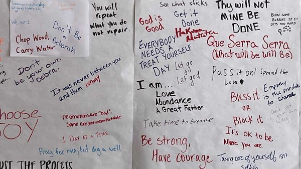 Kennesaw State University students recovering from various forms of addiction are encouraged to write messages on a wall inside its Center for Young Adult Addiction and Recovery that encourage classmates. (Eric Stirgus/eric.stirgus@ajc.com)