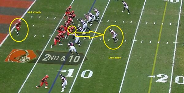 Duke Riley dis-owned his gap and tried to run around a block from Browns center J.C. Tretter.  That's how Nick Chubb's 92-yard touchdown run got started.