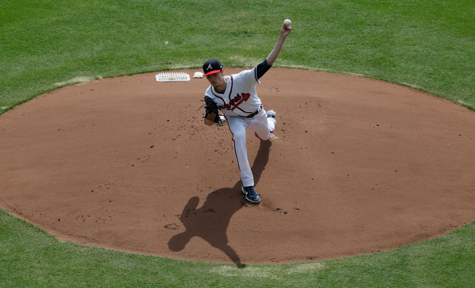 Atlanta Braves starting pitcher Max Fried delivers during the first inning of game one of the baseball playoff series between the Braves and the Phillies at Truist Park in Atlanta on Tuesday, October 11, 2022. (Jason Getz / Jason.Getz@ajc.com)