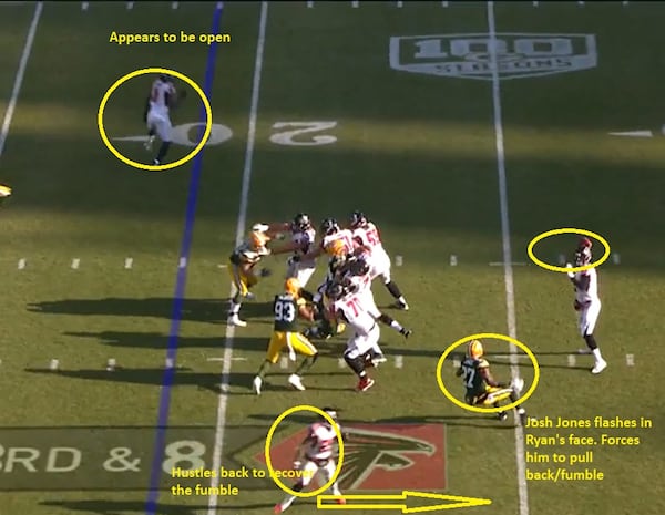 Packers safety Josh Jones jumped into Falcons quarterback Matt Ryan's line of vision and forced him to attempt to pull the ball back. The pass ended up being a lateral and lost 16 yards. Running back Tevin Coleman made the heads-up recovery.