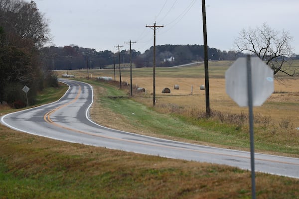 Pasture land sits on either side of Davis Academy Road where it runs through the potential Rivian electric vehicle plant site on Wednesday, Dec 8, 2021, near Rutledge. Curtis Compton / Atlanta Journal-Constitution