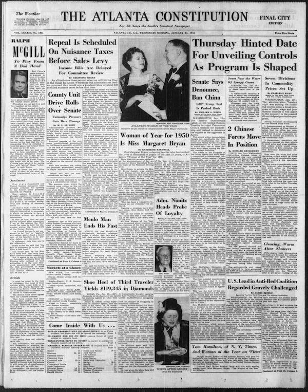 The Atlanta Constitution front page on Jan. 24, 1951.