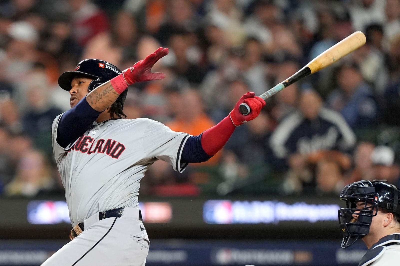 Cleveland Guardians' José Ramírez hits a solo home run in the fifth inning during Game 4 of a baseball American League Division Series against the Detroit Tigers, Thursday, Oct. 10, 2024, in Detroit. (AP Photo/Carlos Osorio)