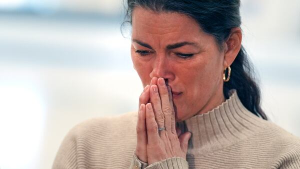 Former Olympic skater Nancy Kerrigan pauses while addressing the media at The Skating Club of Boston, The Skating Club of Boston, where six members of the club's community, including athletes, coaches and family, were killed in an airplane collision with a helicopter on Wednesday in Washington, Thursday, Jan. 30, 2025, in Norwood, Mass. (AP Photo/Charles Krupa)