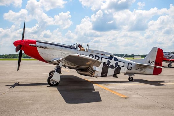 U.S. Air Force Col. Craig Hutain lands the P51 Mustang at Richard B. Russell Airport on Wednesday. (Courtesy of Steven Eckhoff)