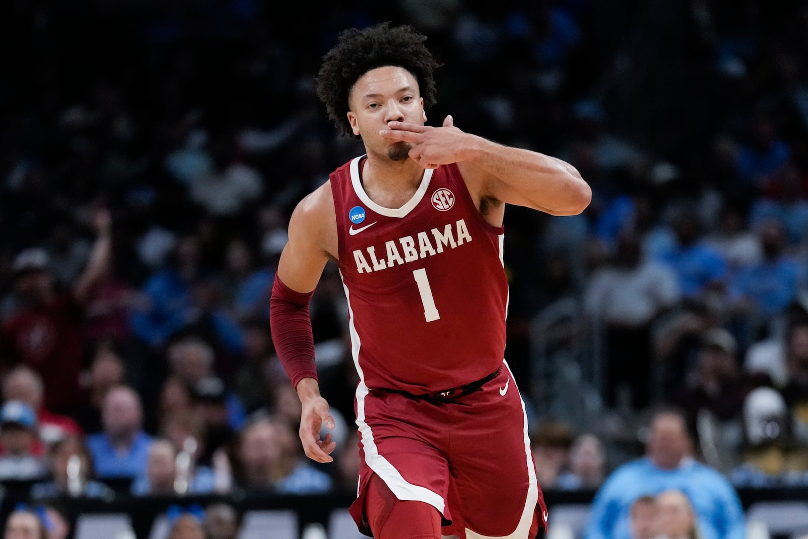 FILE - Alabama guard Mark Sears (1) reacts after scoring against North Carolina during the first half of a Sweet 16 college basketball game in the NCAA tournament Thursday, March 28, 2024, in Los Angeles. (AP Photo/Ashley Landis)