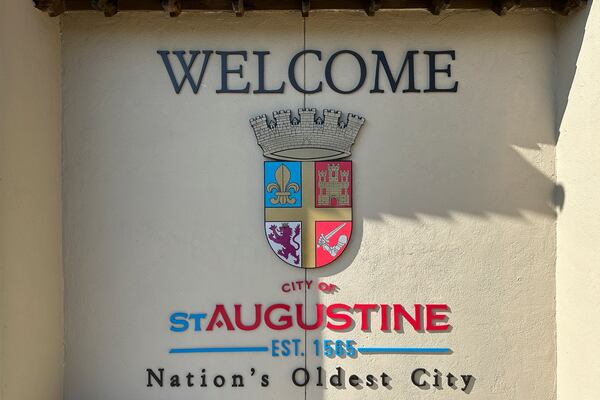 A welcome sign greets visitors to St. Augustine, Fla., which has become a top remote work hub in the U.S. during the 2020s, on Thursday, March 13, 2025. (AP Photo/Mike Schneider.)