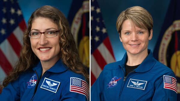 Astronauts Christina Koch, left , and Anne McClain are scheduled for the first all-female spacewalk at the International Space Station later this month.