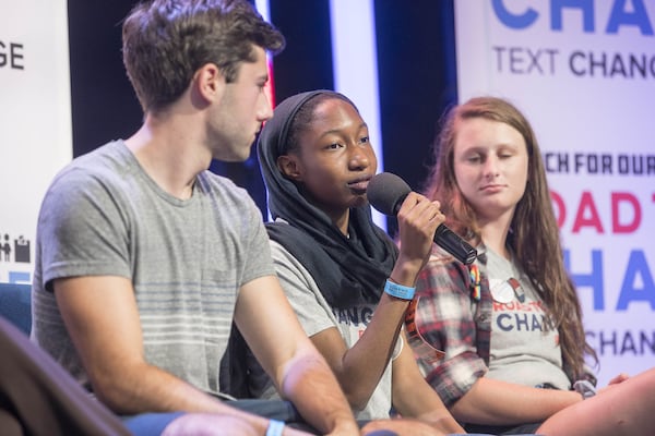 Nurah Abdulhaqq (center), a local teen that attends Chapel Hill High School in Douglasville, speaks during a March For Our Lives rally at Eagles Nest Church in Roswell, Monday, July 30, 2018. (ALYSSA POINTER/ALYSSA.POINTER@AJC.COM)