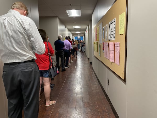 Voters wait in line at Eastside Church in East Cobb County Tuesday morning. (Jamie Sarrio McMurtrie)