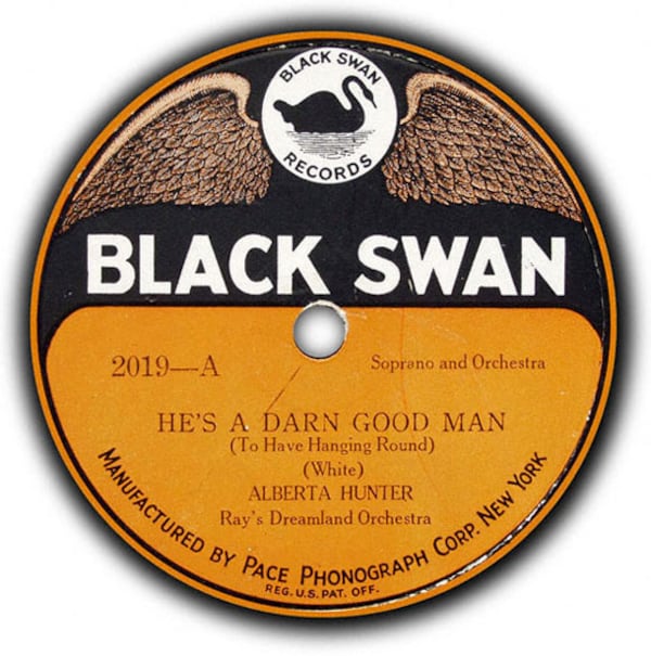 The record label for "He's a Darn Good Man" by Alberta Hunter, recorded and distributed by Black Swan Records. (WikiCommons)