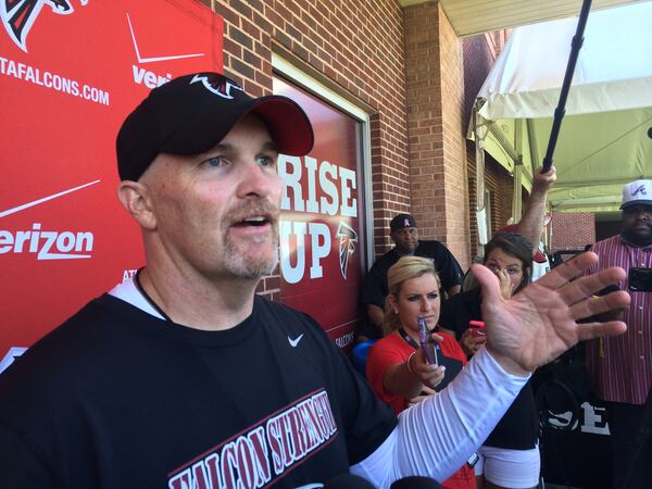 Falcons coach Dan Quinn after the first padded practice of training camp on Sunday, August 2, 2015. (D. Orlando Ledbetter/DLedbetter@ajc.com)