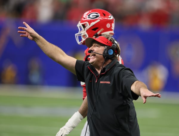 Georgia head coach Kirby Smart argues a penalty at the Sugar Bowl at the Caesars Superdome Thursday, Jan. 2, 2025, in New Orleans. (Jason Getz / AJC)
