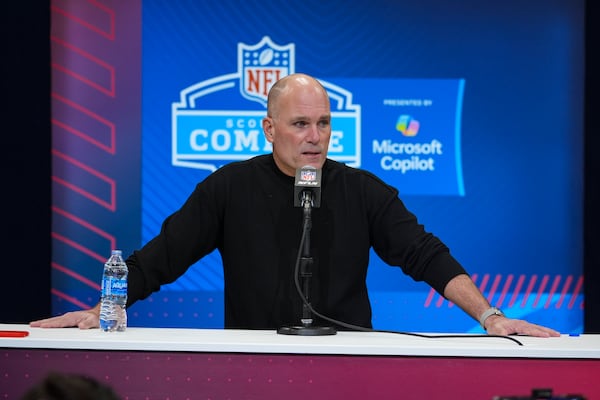 Baltimore Ravens general manager Eric DeCosta speaks during a press conference at the NFL football scouting combine in Indianapolis, Tuesday, Feb. 25, 2025. (AP Photo/Michael Conroy)