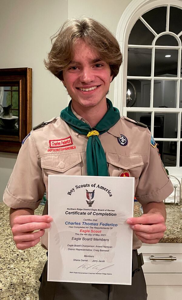 Charles Federico, of Troop 69, passed his Board of Review On May 4 to become an Eagle Scout. His project was the design and construction of a large free-standing wooden shelving unit, three more smaller shelving units using PVC shelving frames.  And two birdhouses for the Dream Weavers of Georgia.