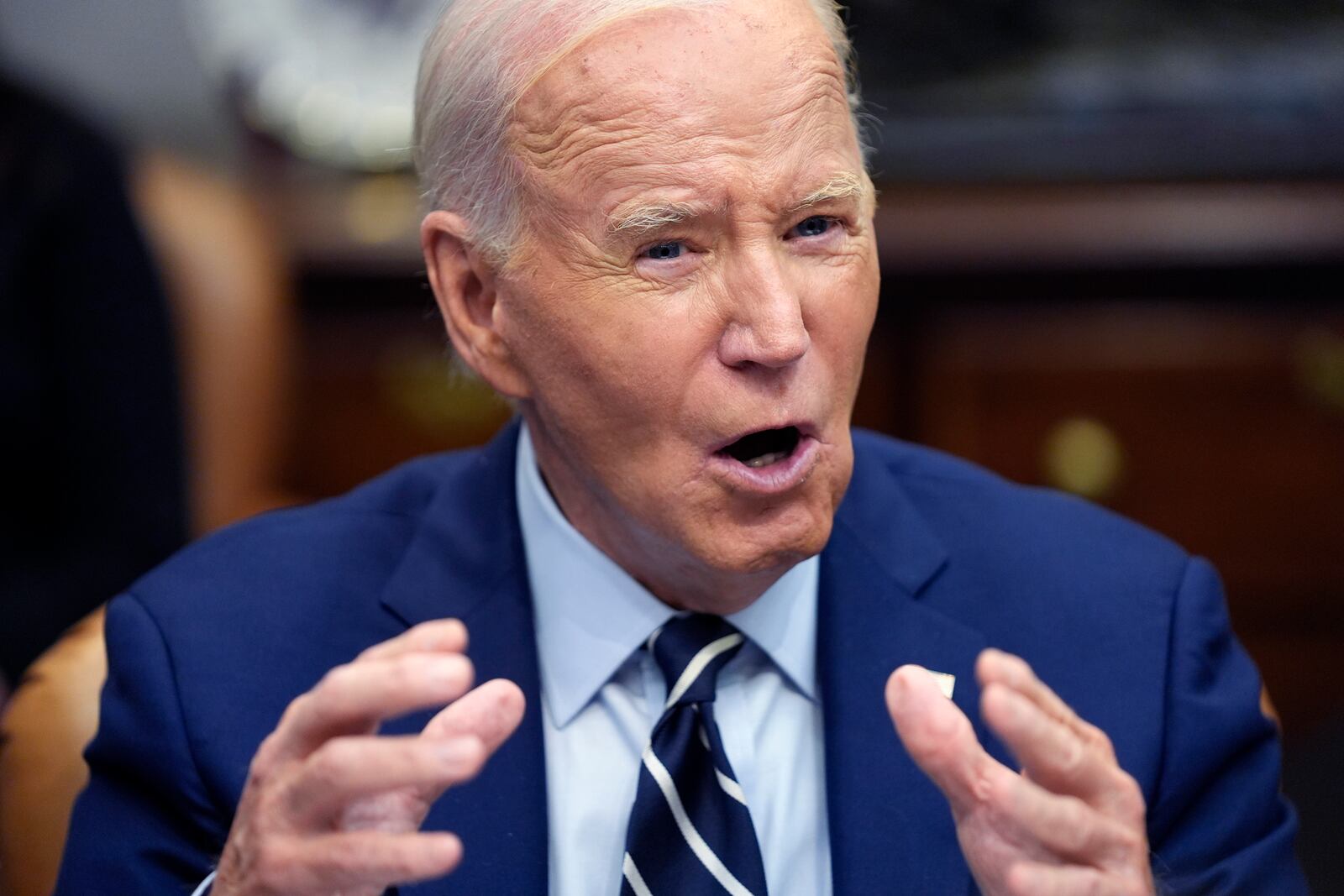 President Joe Biden delivers remarks on the federal government's response to Hurricane Helene and preparations for Hurricane Milton in the Roosevelt Room of the White House, Tuesday, Oct. 8, 2024, in Washington. (AP Photo/Evan Vucci)