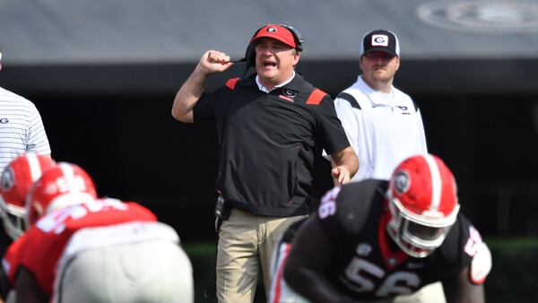 Georgia's head coach Kirby Smart shouts instructions during the G - Day game at Sanford Stadium, Saturday, April 15, 2023, in Athens. (Hyosub Shin / Hyosub.Shin@ajc.com) 