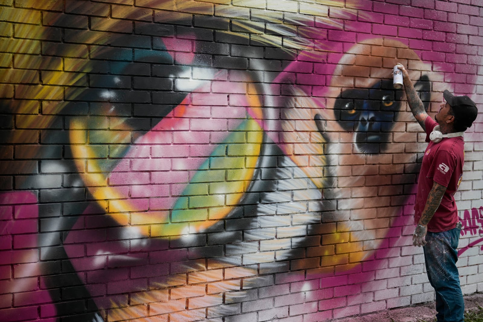 An artist spray paints the finishing touches on a mural a day ahead of the COP16 United Nations biodiversity conference, in host city Cali, Colombia, Saturday, Oct. 19, 2024. (AP Photo/Fernando Vergara)