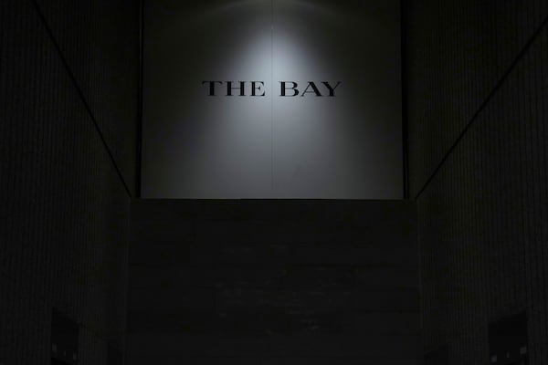 Branding is seen at the Hudson's Bay store in Toronto, Monday, March 10, 2025. (Chris Young/The Canadian Press via AP)