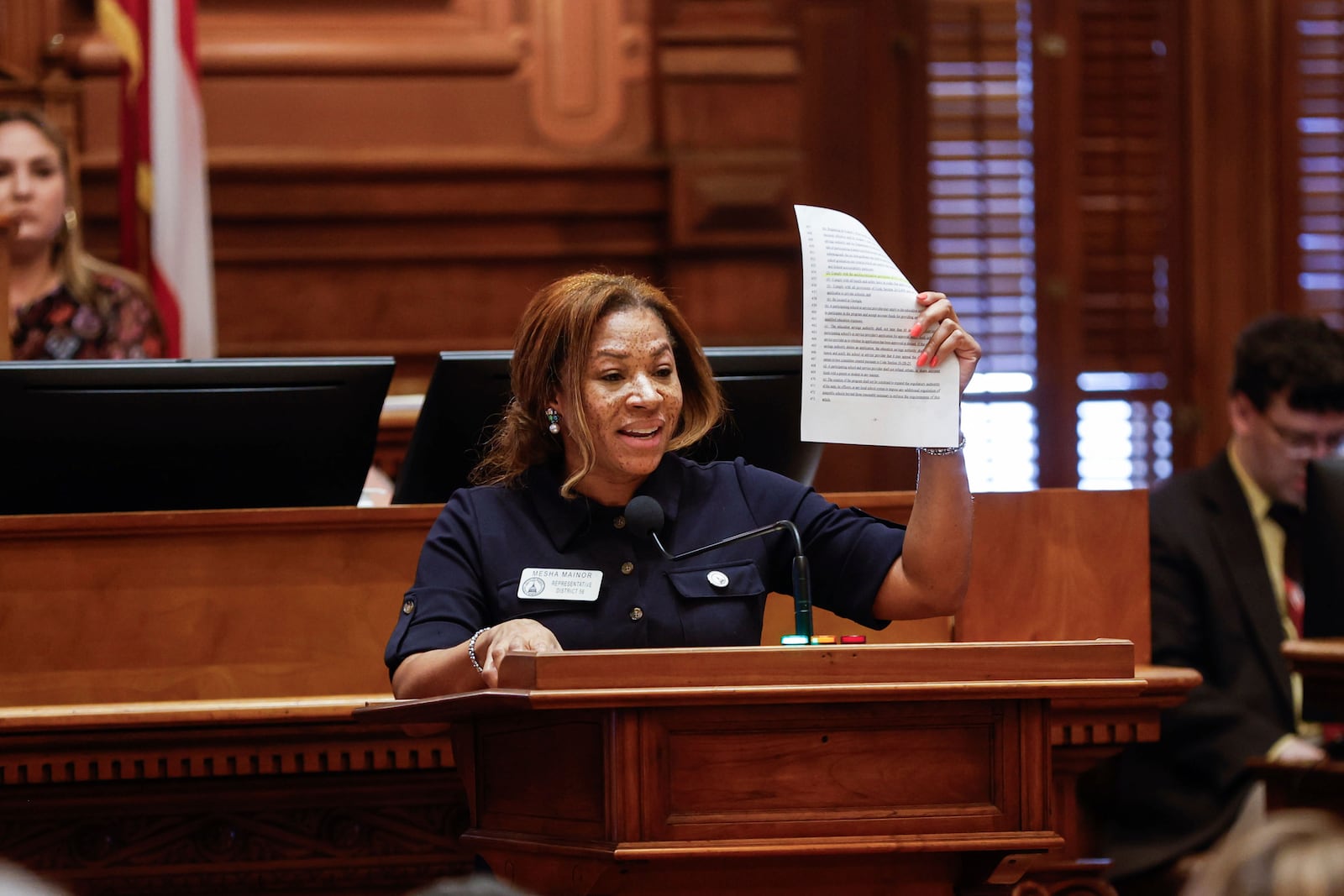 FILE - Rep. Mesha Mainor, R-Atlanta, speaks in favor of Senate Bill 233 at the Georgia State Capitol, March 14, 2024. (Natrice Miller/Atlanta Journal-Constitution via AP, File)