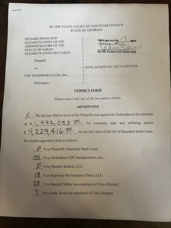  Here is page 1 of the verdict form. Photo provided to the AJC by the Jones family's representative.