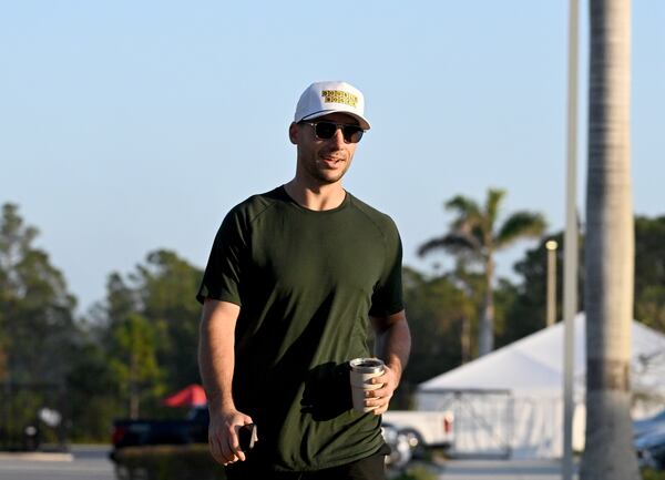 Atlanta Braves first base Matt Olson arrives on the first of the Braves pitchers and catchers report to spring training at CoolToday Park, Wednesday, February 12, 2025, North Port, Florida. (Hyosub Shin / AJC)