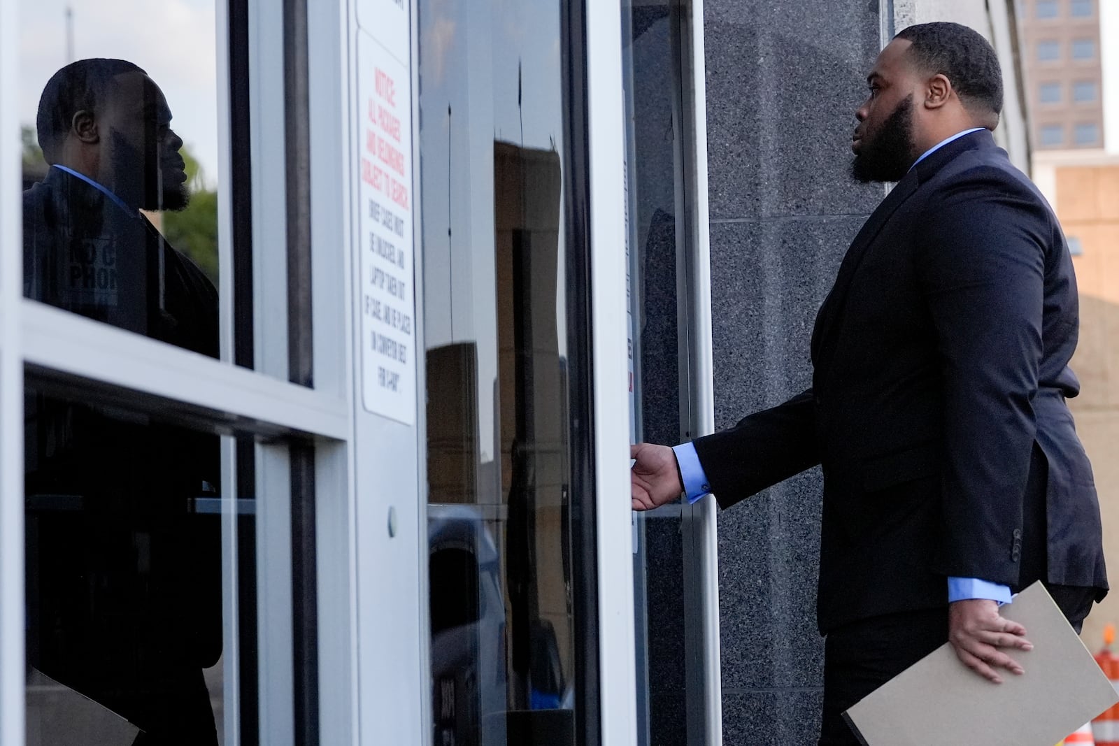 Former Memphis police officer Demetrius Haley arrives at the federal courthouse for the second day of jury selection for the trial in the Tyre Nichols case Tuesday, Sept. 10, 2024, in Memphis, Tenn. (AP Photo/George Walker IV)