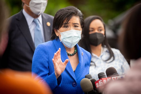 U.S. Rep. Judy Chu, D-Calif., chair of the Congressional Asian Pacific American Caucus, talks to the media at the Gold Spa in Atlanta on Sunday, March 28, 2021. At this spa and another in Atlanta and one in Acworth, eight people were shot and killed earlier this month. (Photo: Steve Schaefer for The Atlanta Journal-Constitution)