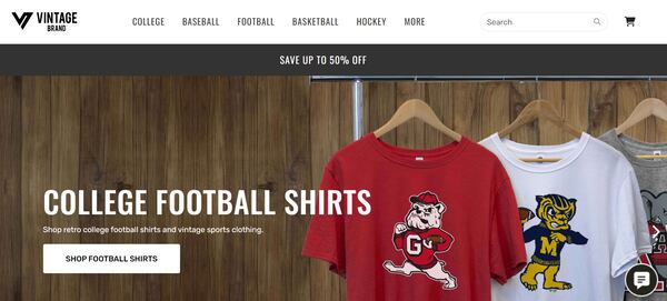 The homepage on Vintage Brand's website features a red T-shirt with the UGA's Bulldogs mascot.