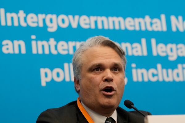 Tony Agotha, Special Envoy for Climate and Environment Diplomacy of European External Action Service, speaks during a press conference at the fifth session of the Intergovernmental Negotiating Committee on Plastic Pollution in Busan, South Korea, Friday, Nov. 29, 2024. (AP Photo/Ahn Young-joon)