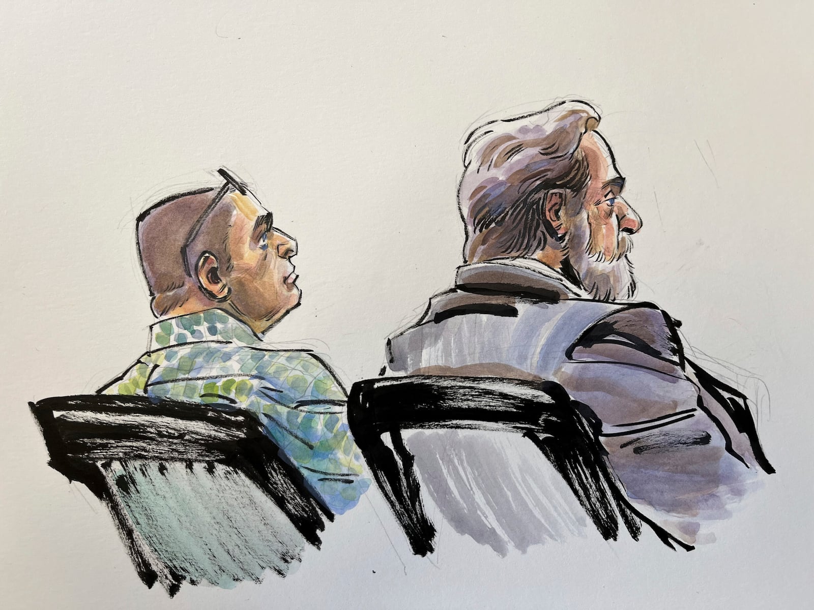 In this courtroom sketch, Richard Allen, left, is seated next to one of his defense attorneys, Andrew Baldwin, inside a courtroom at the Carroll County Courthouse in Delphi, Ind. on Monday, Oct. 28, 2024. (Li Buszka via AP, Pool)