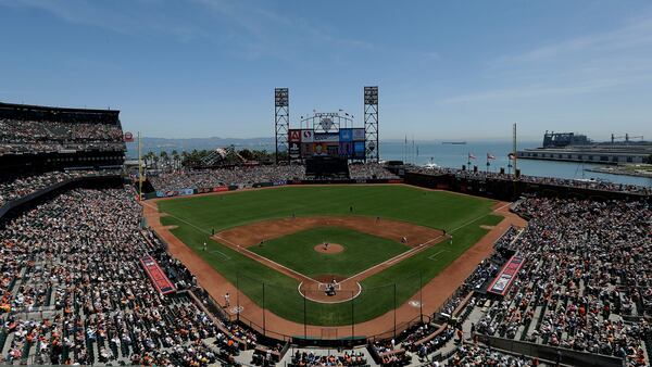 The Atlanta Braves play the San Francisco Giants during the at Oracle Park (Formerly AT&T Park) in San Francisco.