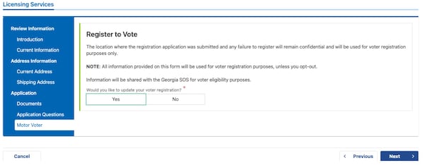 The Georgia Department of Driver Services in 2021 required drivers to choose "Yes" or "No" before they could register to vote. Under automatic voter registration, eligible voters are supposed to be signed up by default unless they opt out.