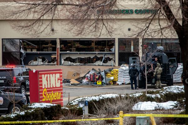 Tactical police units respond to the scene of a King Soopers grocery store after a shooting on March 22, 2021 in Boulder, Colorado. Dozens of police responded to the afternoon shooting in which at least one witness described three people who appeared to be wounded, according to published reports.