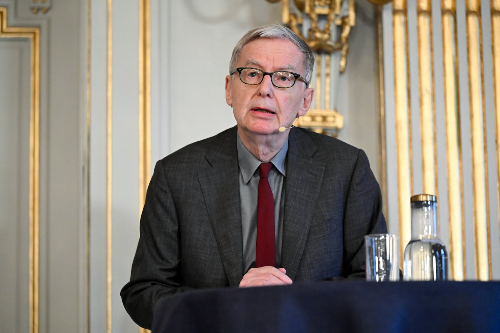 Anders Olsson, chairman of the Nobel Committee for Literature 2024, speaks to the media after the announcement of the winner of the 2024 Nobel Prize in Literature, South Korean writer Han Kang at the Swedish Academy in Stockholm, Sweden, Thursday Oct. 10, 2024. (Jessica Gow/TT News Agency via AP)