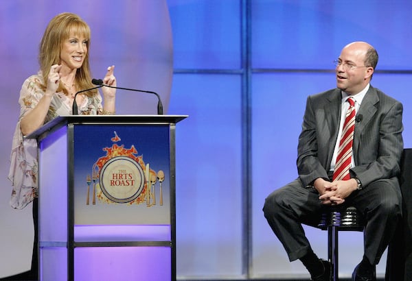 CENTURY CITY, CA - JUNE 9: Comedian Kathy Griffin and Jeff Zucker, NBC Universal Television Group President perform on stage at the Hollywood Radio and Television Society's 1st Annual Roast at the Century Plaza Hotel on June 9, 2004 in Century City, California. (Photo by Frazer Harrison/Getty Images)