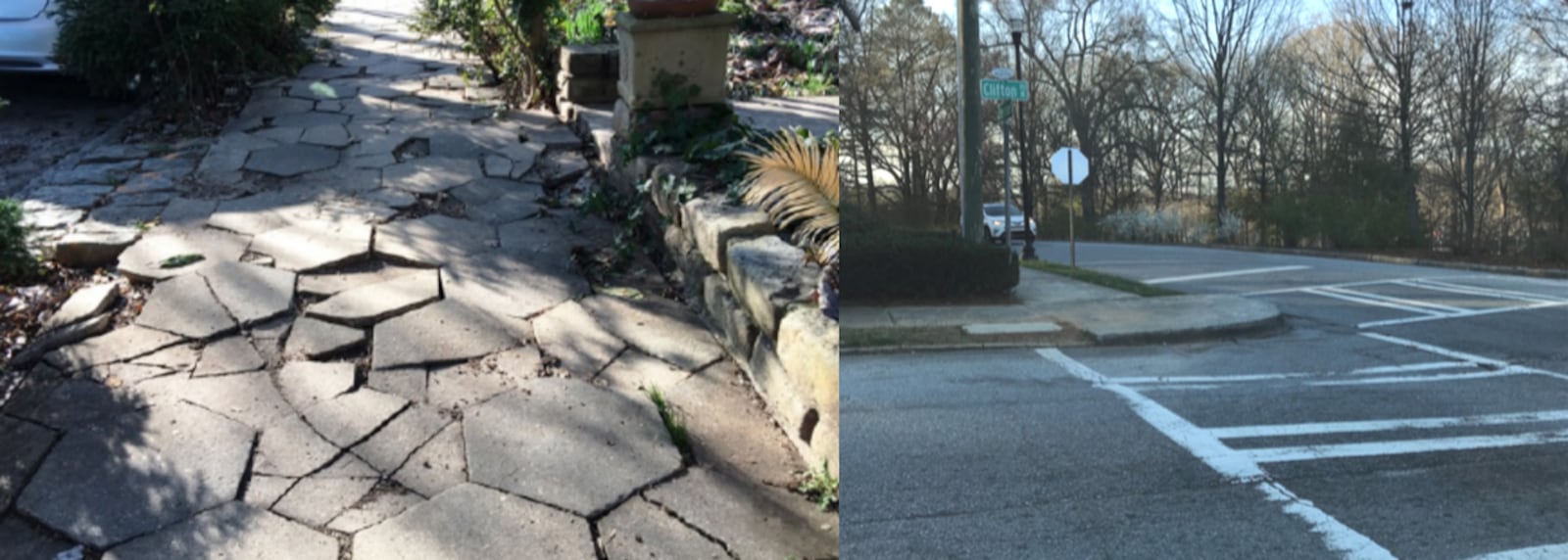 Photo exhibits from the lawsuit. On left, broken pavement on a Dixie Avenue sidewalk. On right, a missing ramp on the curb at Clifton Road and Ponce de Leon Avenue. Courtesy