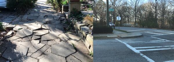 Photo exhibits from the lawsuit. On left, broken pavement on a Dixie Avenue sidewalk. On right, a missing ramp on the curb at Clifton Road and Ponce de Leon Avenue. Courtesy