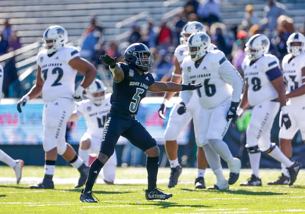 Team Robinson defensive back Coemba Jones Jr. (5), of Albany State, reacts after a missed field goal-attempt by Team Gaither during the first half of the HBCU Legacy Bowl NCAA college football game in New Orleans, Saturday, Feb. 19, 2022. (AP Photo/Derick Hingle)