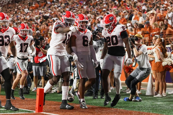 Georgia defensive back Daylen Everette (6) celebrates his interception during the second quarter against Texas at Darrel K Royal Texas Memorial Stadium, Saturday, October 19, 2024, in Austin, Texas. Jason Getz/AJC

