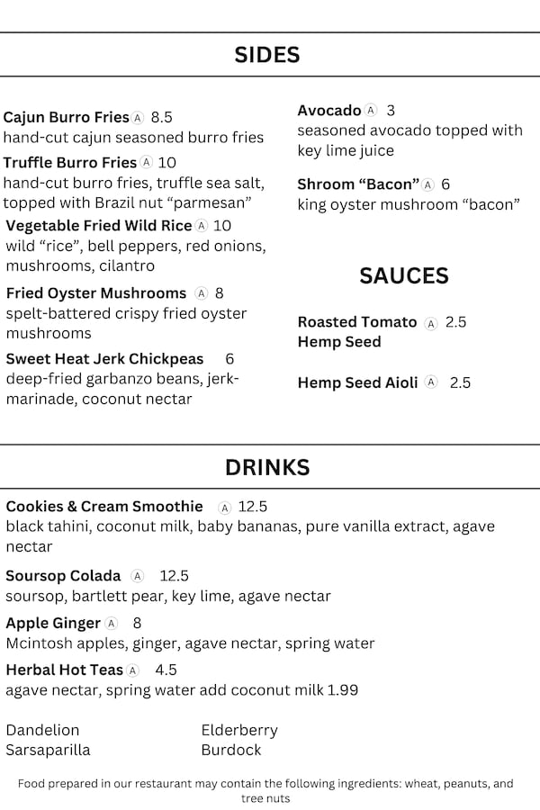 The menu for Plantbaed Cafe, now open in Vinings.