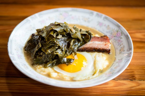  Polenta, Braised Bacon, Egg, Collard Greens, and Potlikker. Photo credit- Mia Yakel.