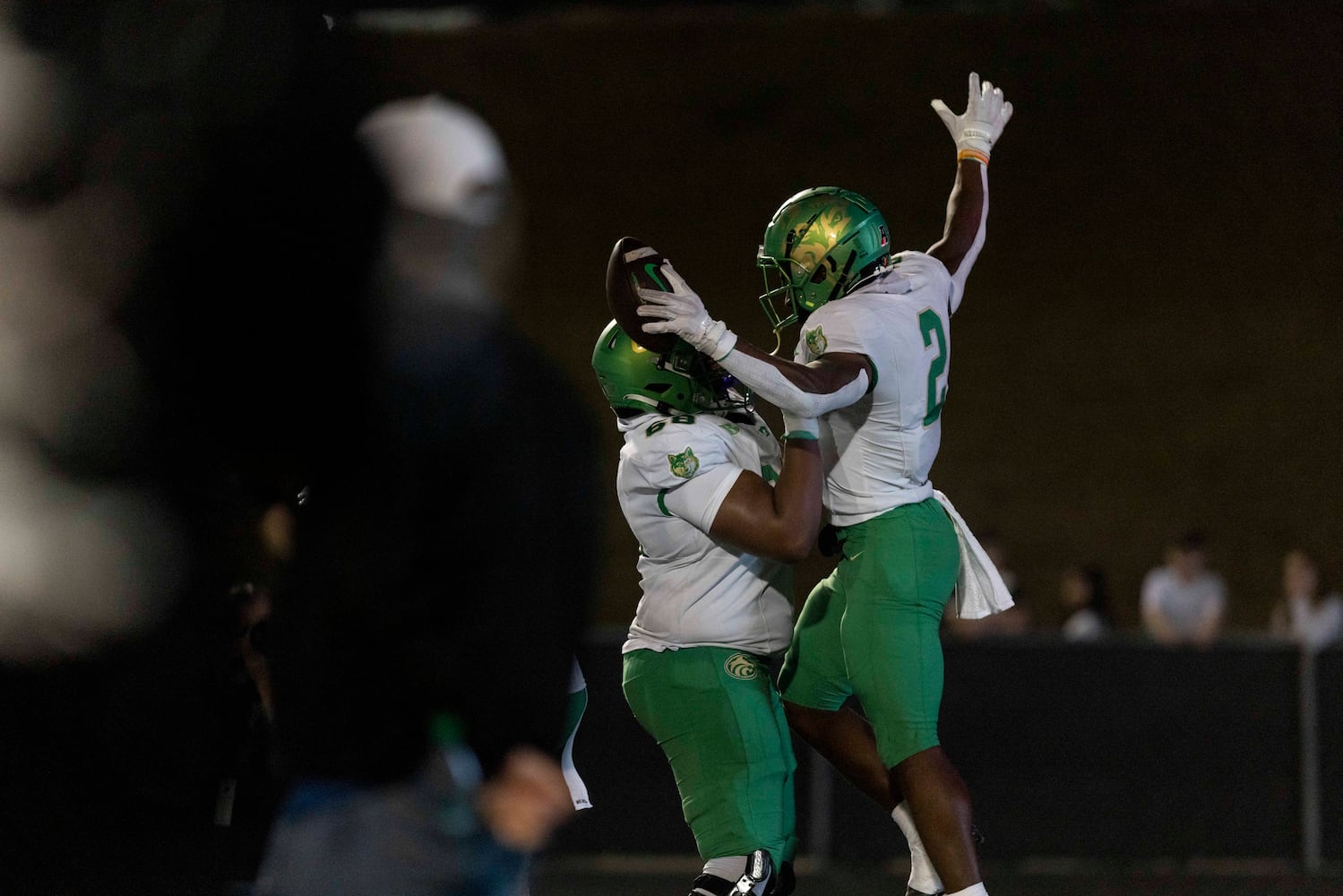 Buford’s Justin Baker (2) celebrates a touchdown. (Photo/Jenn Finch, AJC)