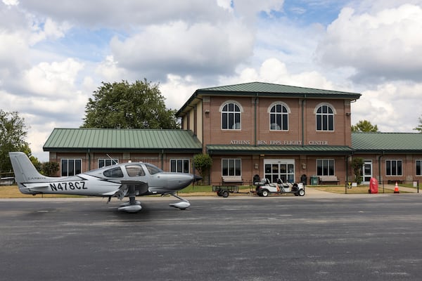 A single-propeller plane is shown at the Athens Ben Epps Flight Center, Wednesday, Sept. 25, 2024. The airport is a county-owned, public-use facility that has seen a boom in recent years due in part to the success of the University of Georgia football team. (Jason Getz / AJC)

