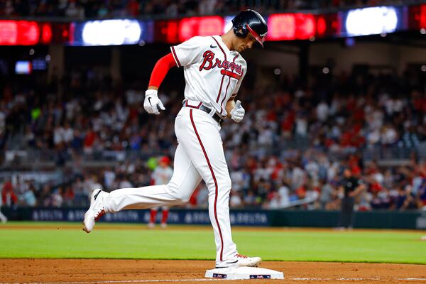 Atlanta Braves Matt Olson rounds third after hitting a solo home run in the sixth inning of a baseball game against the Philadelphia Phillies, Tuesday, May 24, 2022, in Atlanta. (AP Photo/Todd Kirkland)