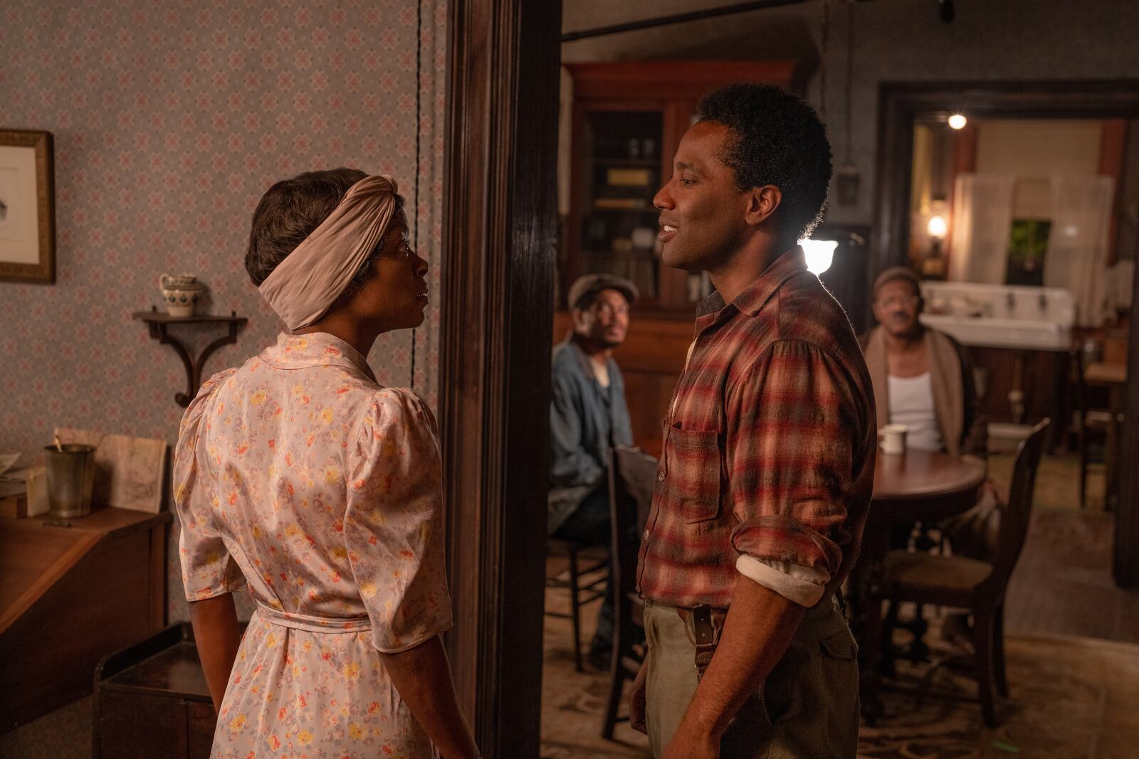 "The Piano Lesson" starred (L-R) Danielle Deadwyler as Berniece and John David Washington as Boy Willie.  Cr. David Lee/Netflix © 2024