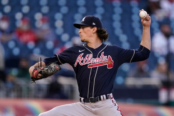 Atlanta Braves starting pitcher Max Fried throws during the first inning of the teams baseball game against the Washington Nationals at Nationals Park, Wednesday, May 5, 2021, in Washington. (AP Photo/Alex Brandon)