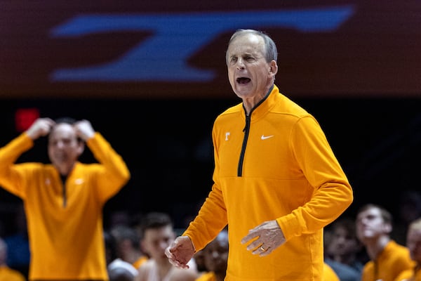 Tennessee head coach Rick Barness yells to his players during the second half of an NCAA college basketball game against South Carolina, Saturday, March 8, 2025, in Knoxville, Tenn. (AP Photo/Wade Payne)